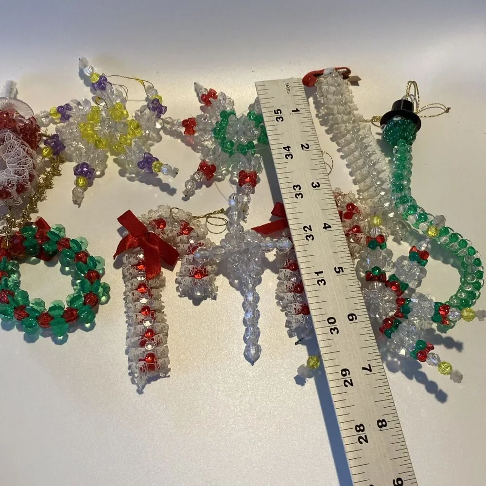 10 Vintage Handmade Plastic Beaded Wire Christmas Ornament Lot Angel Snowflake